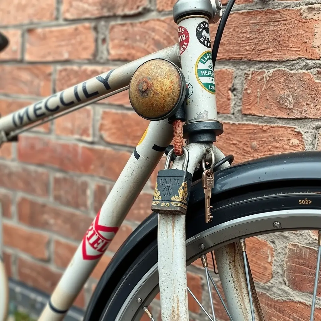 Tæt på en gammel ridset bycykel med rusten ringeklokke, nyt dæk og lås