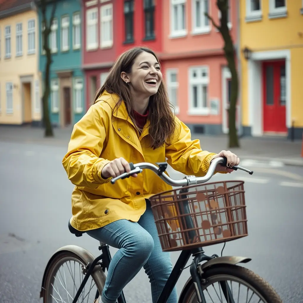 Glad kvinde i gul regnjakke på en gammel sort bycykel med kurv
